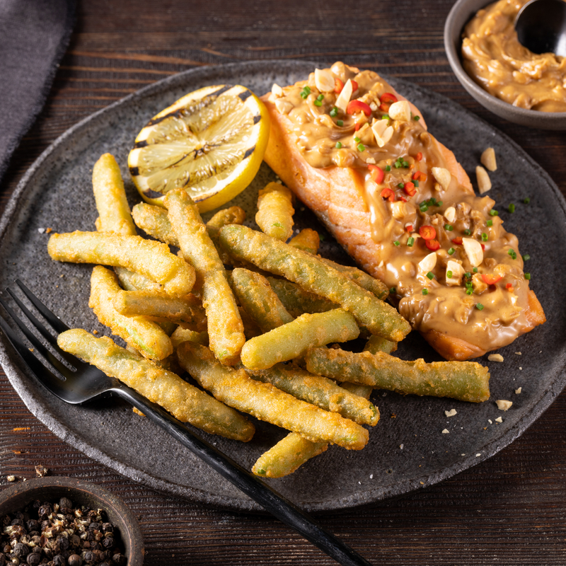 Saumon glacé aux Haricots Verts Tempura