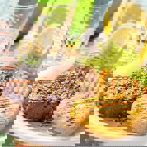 Rumpsteak mit Pfefferpaste und Rösti-Ecken