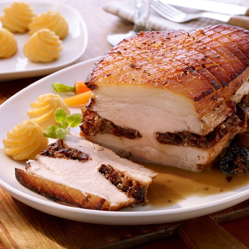 Pommes duchesses et roti de porc sauce à la bière
